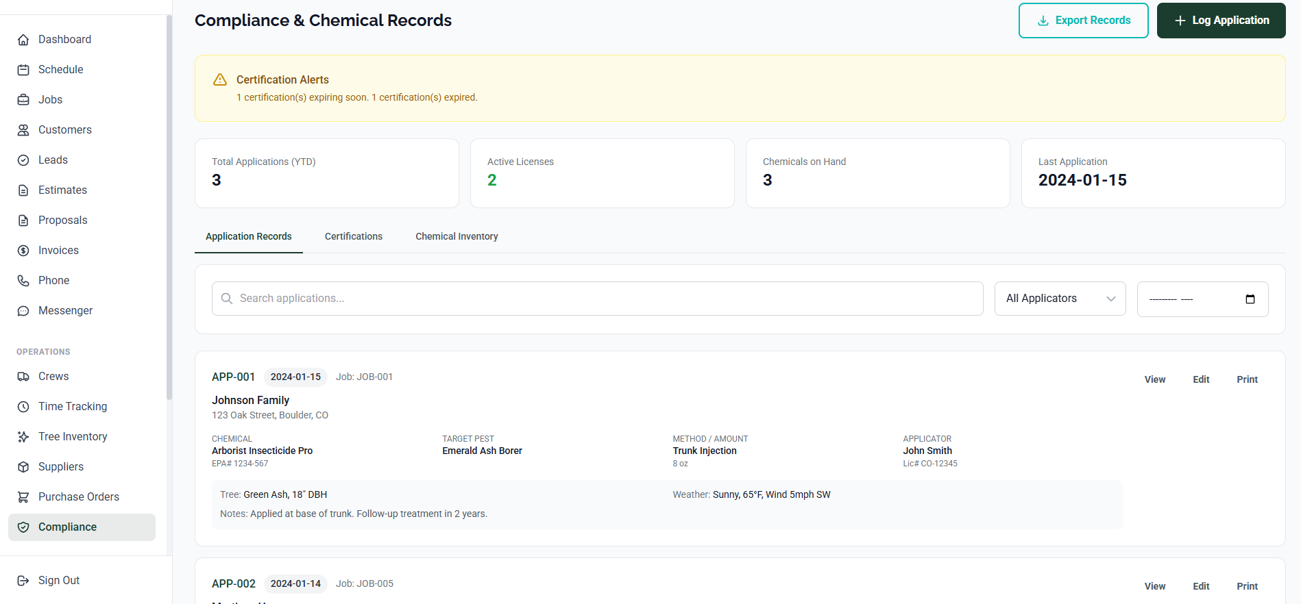 ArborDash compliance dashboard with chemical application records and certification tracking