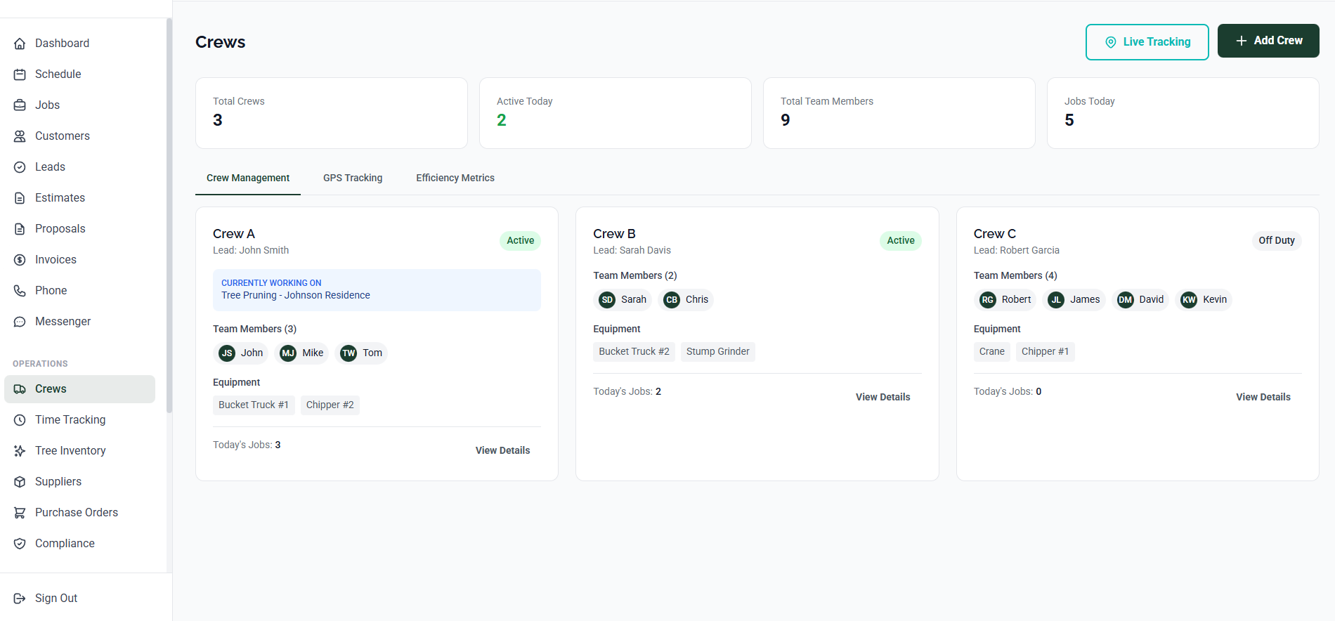 ArborDash crew management interface showing team assignments and GPS tracking