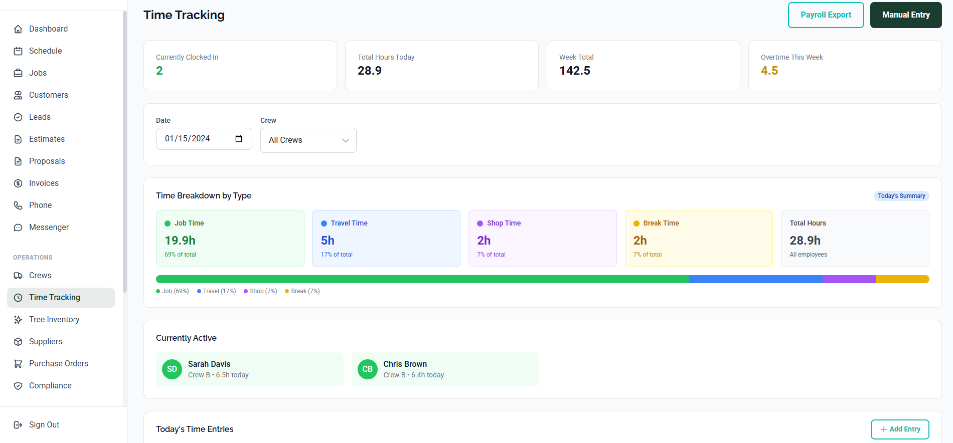 ArborDash time tracking with clock in/out, timesheet approval, and payroll sync