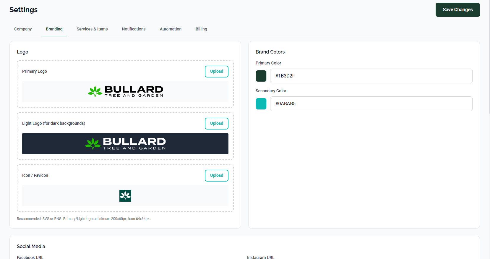 ArborDash white-label branding customization showing custom logo, colors, and domain configuration